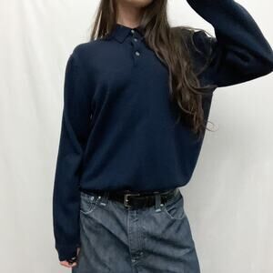 navy blue merino wool minimalist preppy oversized collared henley polo sweater